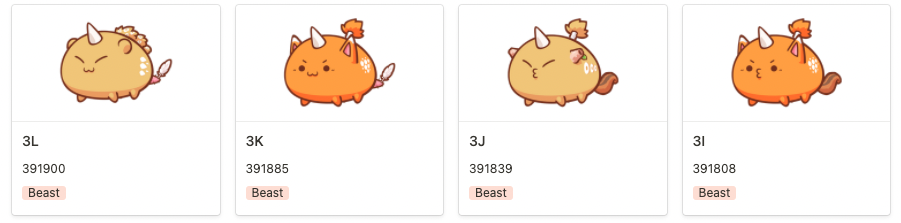 Screenshot of 4 beast type Axies from Axie Infinity