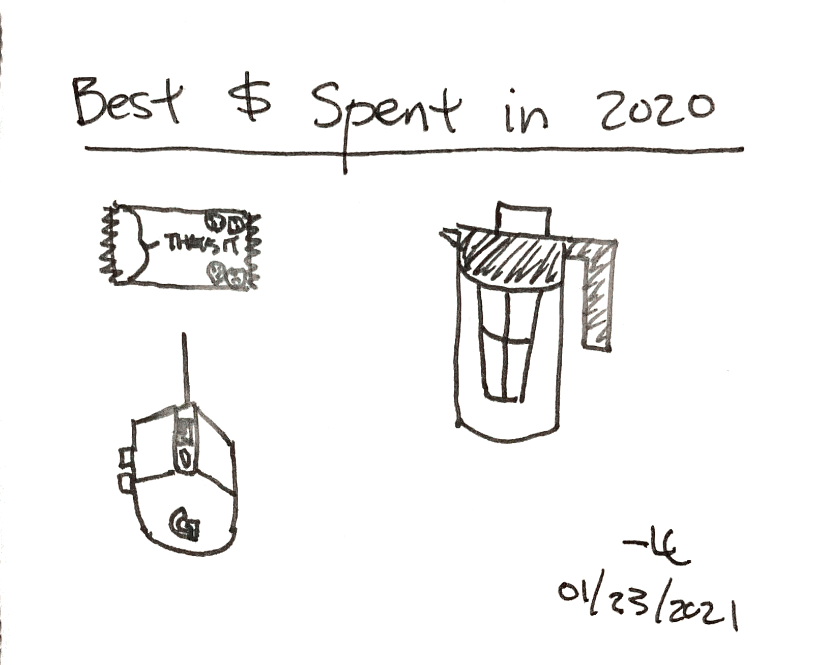 sketch of a computer mouse, fruit bar, and carafe