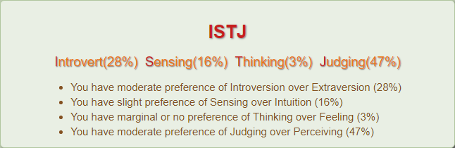 screenshto of the humanmetrics MBTI results