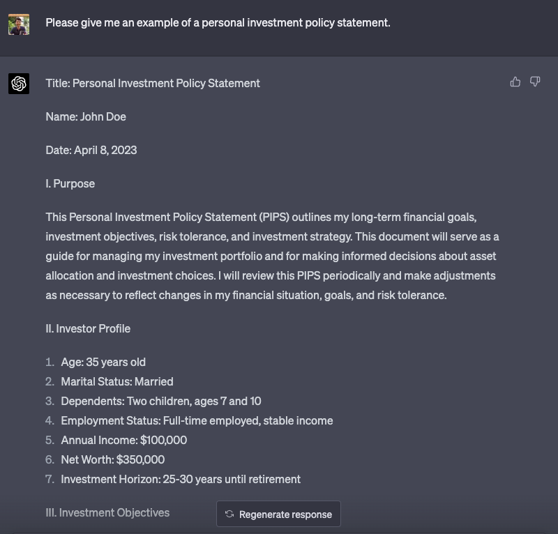 Screenshot of ChatGPT response for an IPS